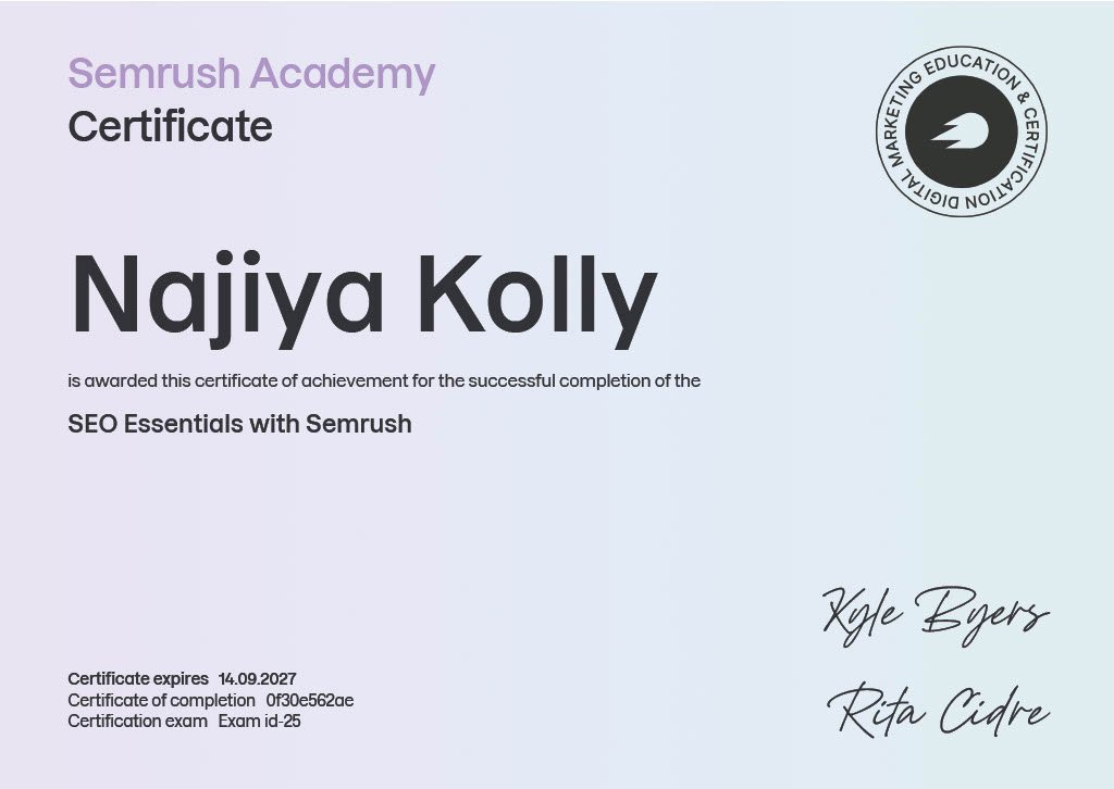 Best digital marketer in Calicut-semrush certificate